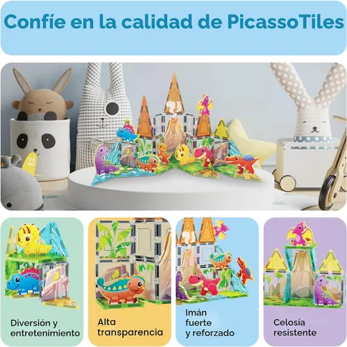 Vista 8 de PicassoTiles - Juego de 38 piezas de bloques de construcción con azulejos magnéticos, tema de dinosaurios, con 8 figuras de acción magnetizadas