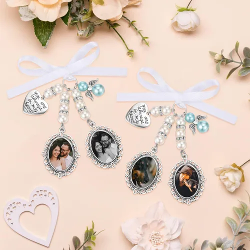 Vista 3 de Abalorios personalizados para ramo de boda, dije de foto de encaje con texto en inglés "You Are Always in My Heart" para decoración de fiesta nupcial