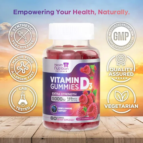Vista 4 de Gomitas de vitamina D3 de 125 mcg (5000 UI) por porción, apoyo inmunológico y apoyo óseo, suplemento dietético de gomitas de vitamina D, suplemento