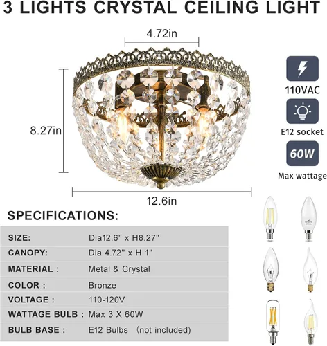 Vista 2 de Candelabro de 3 luces estilo Imperio Francés con cristal K9, iluminación con montaje empotrado para techo, lámpara antigua para comedor, entrada