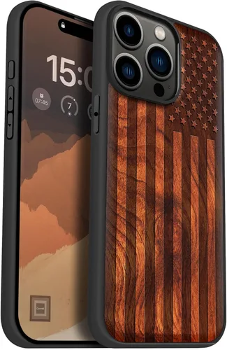 Vista 16 de Carveit - Funda de madera para iPhone 15 Pro Max, la clásica bandera americana, color cereza Magnetic iPhone 15 Pro Max Case Compatible with