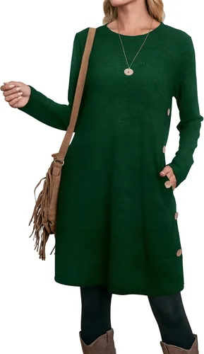 Vista 4 de OFEEFAN - Vestido de invierno con manga larga, bolsillos y botones laterales para mujer