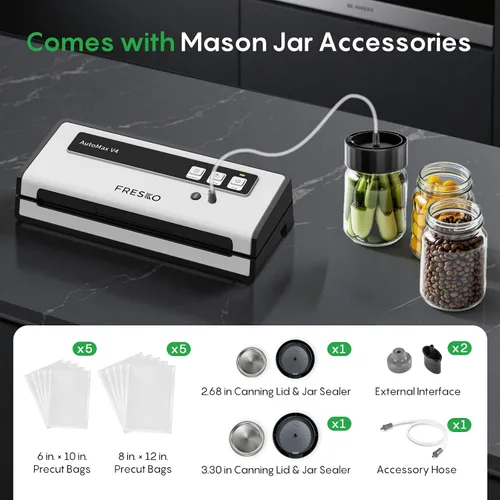 Vista 9 de FRESKO Máquina selladora al vacío con detección automática de bolsas, juego de accesorios al vacío de tarro Mason, doble sellado térmico, fácil
