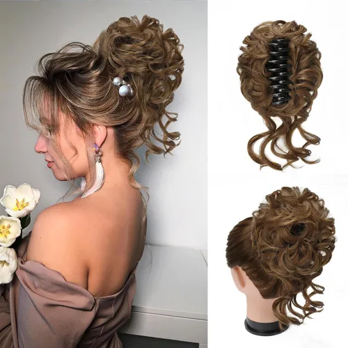 Vista 26 de Extensiones de cabello con clip de pinza para el cabello de moño, accesorios para el cabello para mujer, extensiones de cabello rizado