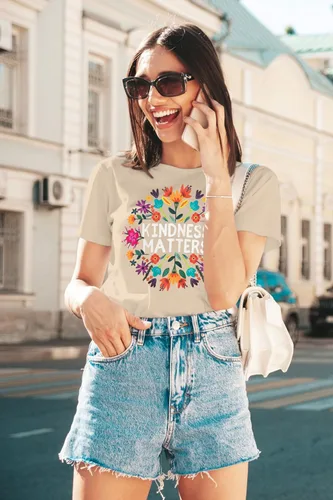 Vista 3 de Camisetas de profesor para mujer, camiseta con texto en inglés "Be Kindness", camisetas de salud mental, camiseta bohemia con gráficos florales