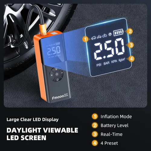 Vista 7 de Inflador de neumáticos, compresor de aire portátil, 160 PSI de potencia dual 6000 mAh, bomba de aire inalámbrica con indicador digital, luz LED