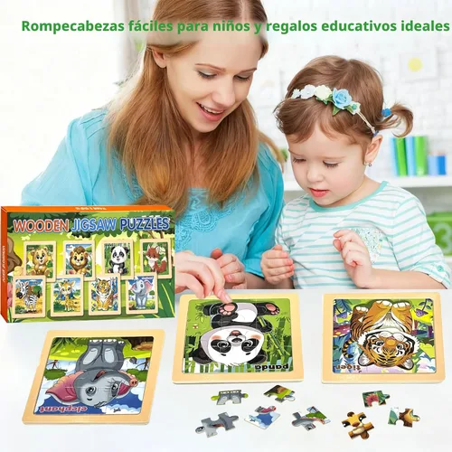Vista 6 de Rompecabezas de madera para niños pequeños, 9 piezas de rompecabezas de animales para niños de 3 a 5 años, actividades de aprendizaje preescolar