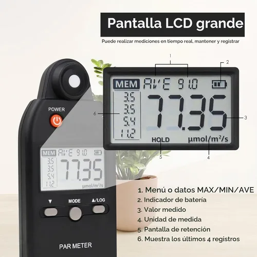 Vista 3 de Medidor PAR para luces LED de crecimiento de alta precisión Sensor Quantum Medidor de luz Par Tester PPFD para medir la actividad fotosintética