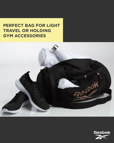 Vista 6 de Reebok Bolsa de lona Perth Sports Gym Bag Ligero de mano en fin de semana para viajes y playa, yoga, Negro con logotipo de oro rosa