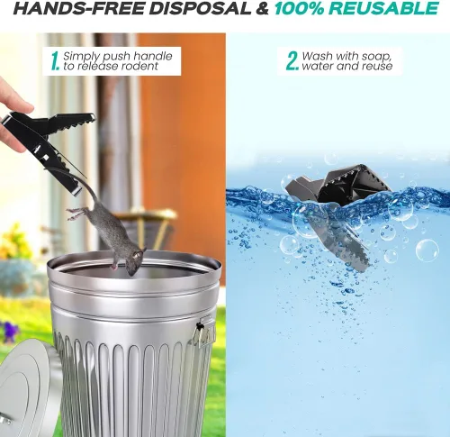 Vista 3 de eXuby Trampas grandes y potentes para ratas, mata al instante con un potente resorte de acero, instalación en segundos, lavar y reutilizar una