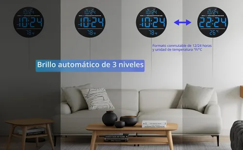 Vista 5 de Reloj de pared digital con pantalla LED grande, fecha, temperatura, brillo automático Pequeño reloj [ENCHUFE] Reloj de pared eléctrico moderno
