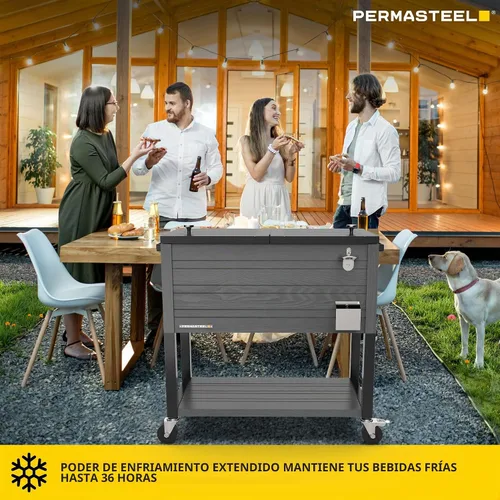 Vista 2 de Permasteel 80 Quart Party Cooler, Rolling Ice Chest with Wheels and Handles for Indoor Outdoor Patio Gris