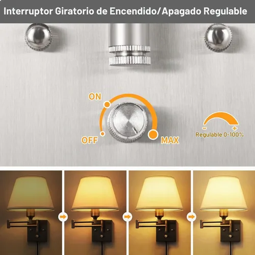 Vista 3 de TRLIFE Aplique de pared enchufable, juego de 2 lámparas de pared regulables con brazo oscilante de níquel cepillado, cable de enchufe y interruptor