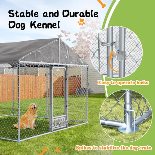 Vista 8 de Grepatio Perrera para perros al aire libre de 10 x 10 pies con techo, recinto exterior para perros con 2 comederos giratorios, cerca para perros