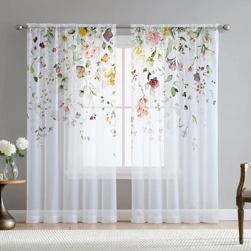 Vista 10 de Cortinas de hojas de eucalipto verdes para sala de estar de 63 pulgadas de largo, juego de 2 paneles elegantes de flores silvestres con estampado