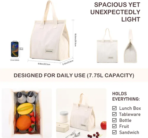 Vista 4 de TELLUMO Bolsa de almuerzo de corduroy para mujeres y hombres, linda bolsa de almuerzo con aislamiento y gran capacidad (7.5L), bolsa de almuerzo
