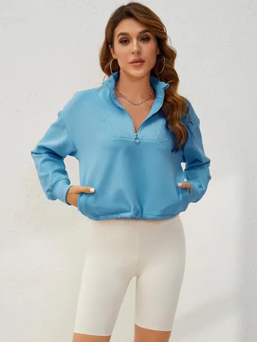 Vista 3 de SILKWORLD Sudadera recortada de otoño con media cremallera y panel de canalé para mujer, con bolsillos para adolescentes y niñas