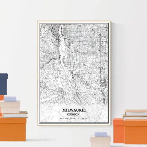 Vista 4 de TANOKCRS Milwaukie Oregon USA America Map - Póster impreso en lienzo sin marco, moderno mapa blanco y negro, regalo de recuerdo, decoración