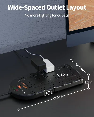 Vista 5 de DEPOW Regleta protectora contra sobretensiones de 6.5 pies con 24 salidas de CA (1875 W/15 A), 6 USB (2 puertos USB-C), 3,400 julios, cable de Negro