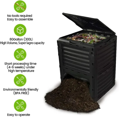 Vista 2 de Contenedor de compostaje estático de gran capacidad de 80 galones (300 litros), compostador de residuos verde bosque para exteriores con escotilla