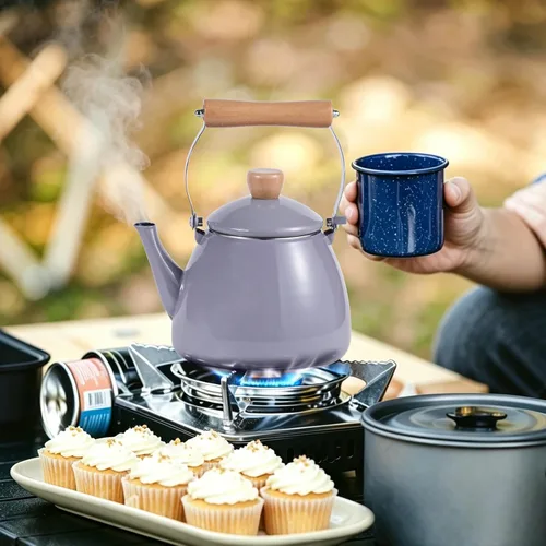 Vista 7 de Webake 2 Quart Enamel Tea Kettle, Vintage Enamelware Teapot with Cool Touch Wooden Handle and Lid Knob for Stovetop Home Kitchen Camping, Gift for