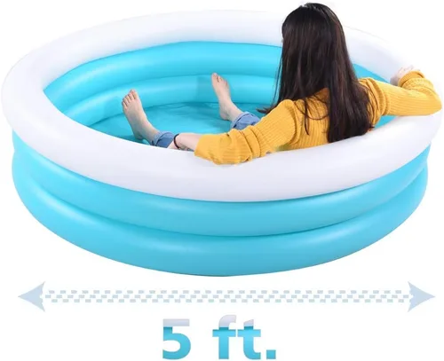 Vista 6 de Piscina inflable para niños, piscina de barandilla de 60 x 16 pulgadas de grosor para niños, piscina inflable azul y blanca para juegos de fiesta