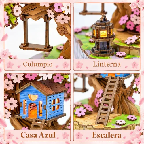 Vista 3 de Sakura Tree House Kit de casa en miniatura para adultos, rompecabezas de madera 3D con luz, juego de construcción de flor de cerezo japonés