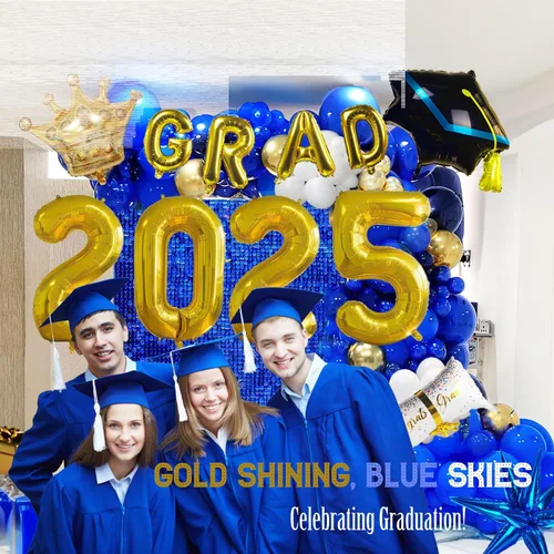 Vista 2 de Kit de arco de guirnalda de globos de graduación con temática azul con globos de aluminio para estudiantes universitarios de secundaria, clase