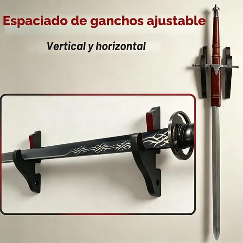 Vista 3 de Juego de 2 ganchos de espada para montaje en pared, soporte ajustable para Katana Wakizashi Tanto Genji Sword Arms Rack