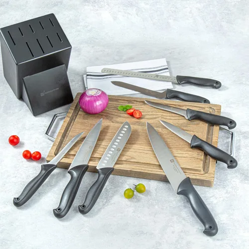 Vista 7 de Restaurantware Sensei - Juego de 8 cuchillos de acero alemán negro con pasadores codificados de colores para chefs, afilado, resistente a