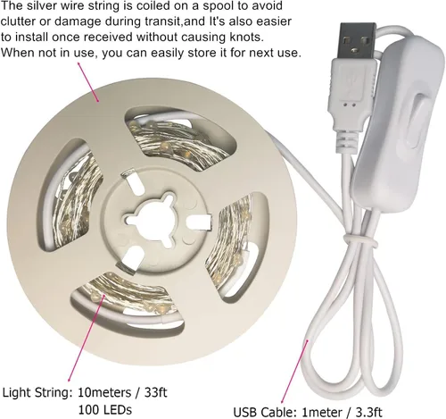 Vista 3 de RUICHEN Guirnalda de luces USB de 33 pies, 100 luces LED con interruptor de encendido/apagado (blanco cálido, paquete de 2)
