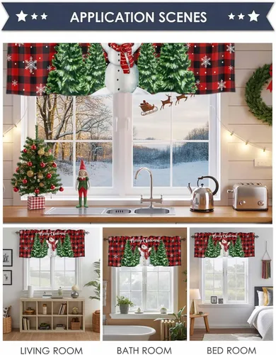 Vista 65 de Cenefa de cortina con lazo rojo de Navidad para ventanas, sala de estar, cocina, baño, granja, bolas de Navidad de acuarela con diseño de bayas