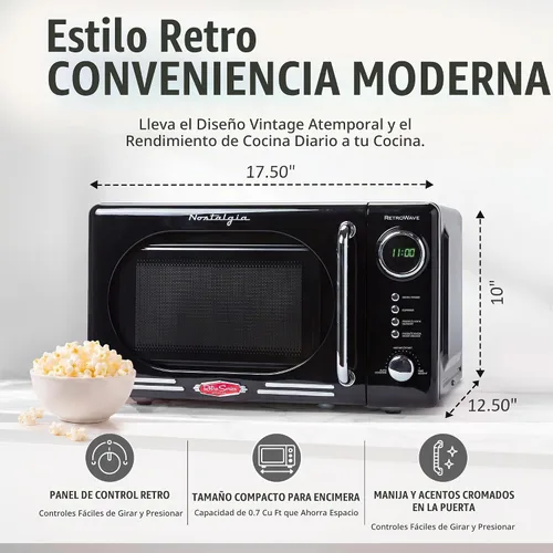 Vista 2 de Nostalgia Horno microondas retro compacto para encimera, 0.7 pies cúbicos, 700 vatios con pantalla digital LED, bloqueo infantil, interior fácil