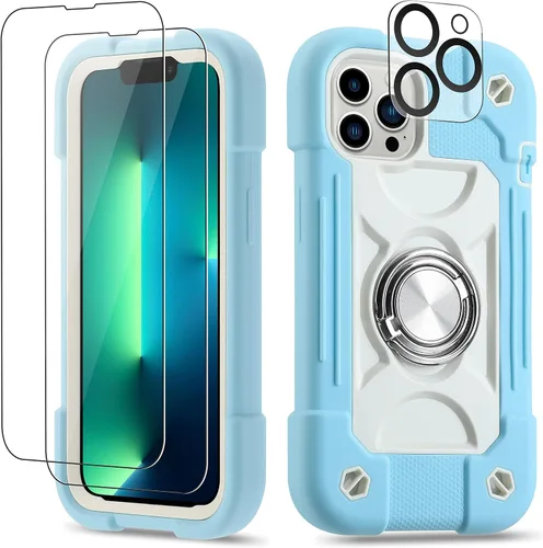 Vista 18 de Funda para iPhone 11 de 6.1 pulgadas con soporte de anillo, con 2 protectores de pantalla de vidrio, resistente a los golpes, resistente a