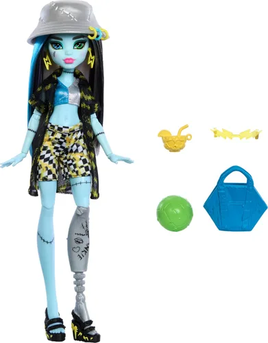 Vista 8 de Muñeca Monster High Scare-adise Island Clawdeen Wolf con traje de baño, pantalones deportivos y accesorios de playa como visera, botella de agua