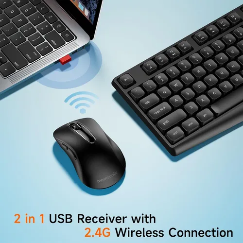 Vista 2 de memzuoix Combo de teclado y mouse inalámbricos, juego ergonómico de tamaño completo de 2.4 G con mouse de 1400 DPI, receptor USB sin retrasos