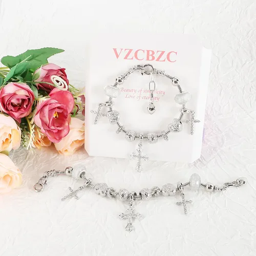 Vista 5 de Pulsera de dije para mujer, con cuentas de cristal y forma de cruz de cristal con circonita cúbica, cadena de serpiente, pulsera de moda con dije
