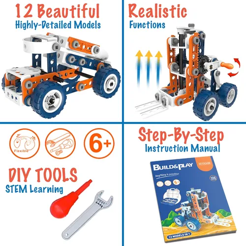 Vista 2 de Mobius - Juego de construcción STEM 12 en 1, 152 piezas, juguete de Naranja y azul - 12 en 1 - 152 piezas