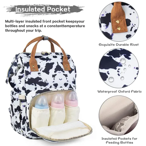 Vista 3 de Mochila para pañales, bolsa impermeable para el cuidado del bebé, bolsa cambiadora de pañales para bebé de viaje (vaca)