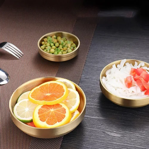 Vista 4 de Paquete de 4 platos dorados de acero inoxidable para salsa de soja, cuencos de inmersión de doble cubierta, cuencos pequeños para condimentos, mini