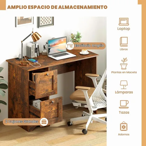 Vista 5 de GIANTEX - Escritorio para computadora con 2 cajones, escritorio de madera para oficina en casa de 43 pulgadas con estación de carga, escritorio