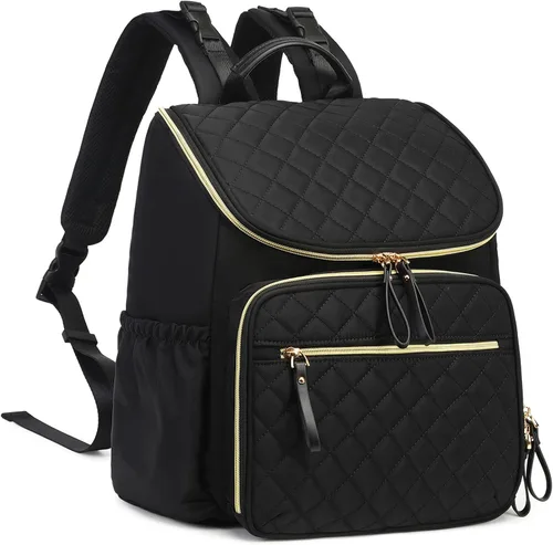 Vista 8 de LORADI Mochila ligera para pañales con clips para cochecito, bolsillos aislados, artículos esenciales para baby shower (nailon, negro)