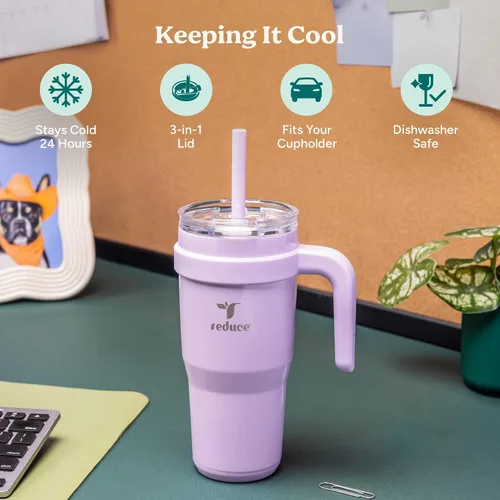 Vista 3 de REDUCE Vaso de acero inoxidable de 24 onzas con asa, con aislamiento al vacío de doble pared, tapa a prueba de sudor y popote reutilizable, mantiene