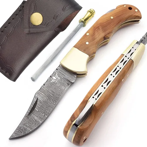 Vista 13 de Cuchillo de bolsillo de damasco Lara Eagle para hombres - Cuchillo plegable de caza de 133 capas de acero sólido hecho a mano con afilador y funda