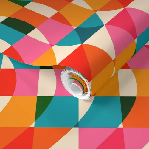 Vista 2 de Muestras de papel tapiz removibles – Retro Cuadros Ondas Rosa Verde Azul Rojo Naranja Rayas Papel pintado personalizado pre-pegado por Spoonflower