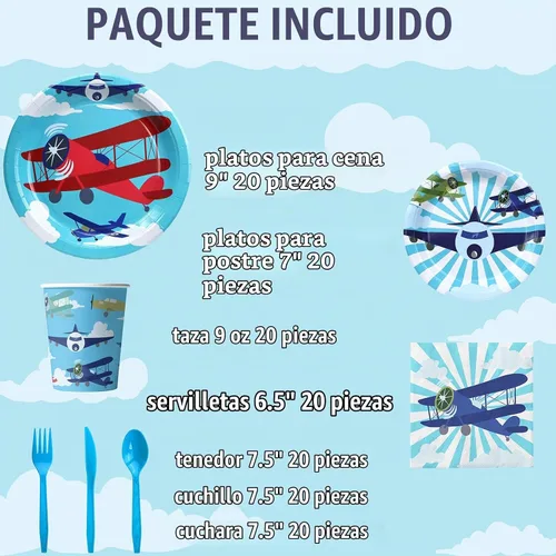 Vista 3 de Decoraciones de fiesta de avión - Platos, servilletas, vajilla y recuerdos - Sirve a 20 invitados