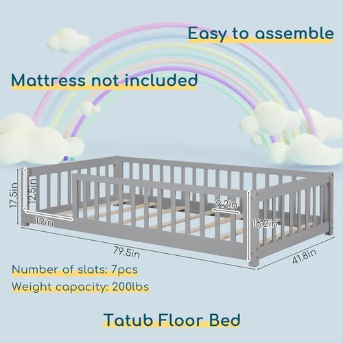 Vista 7 de Tatub Cama de suelo individual con barandillas de seguridad y puerta y listones, marco de cama Montessori de madera para niños y niñas, tamaño Gris