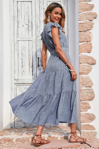 Vista 3 de PRETTYGARDEN Vestido de verano floral bohemio para mujer, cuello en V, volantes, manga corta, acampanado, con cinturón, fluido, escalonado