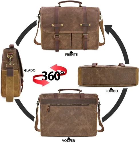 Vista 6 de Bolso mensajero para hombre de 15.6 pulgadas, impermeable, de cuero auténtico, encerado, maletín de lona grande, bolso de hombro de cuero resistente