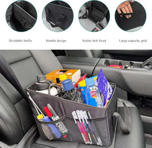 Vista 4 de Organizador de Asiento de Coche, Organizador de Asiento de Pasajero Plegable con Divisores Desmontables y Asa, Organización de Almacenamiento